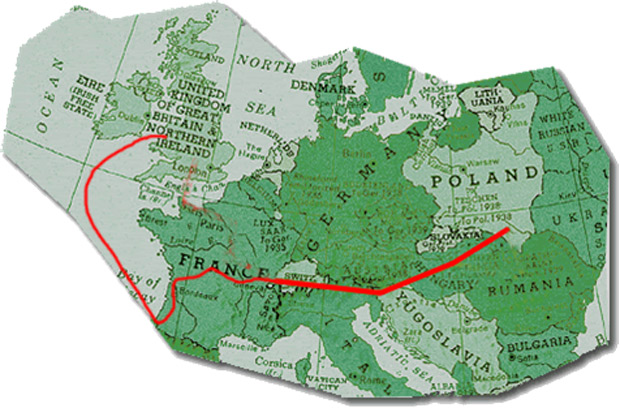 Mapa Europy - trasa wdrwki juliana Kroka, 1939 r.