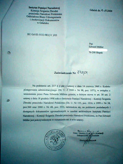 ZAŚWIADCZENIE IPN, EDWARD MULLER - DOK.